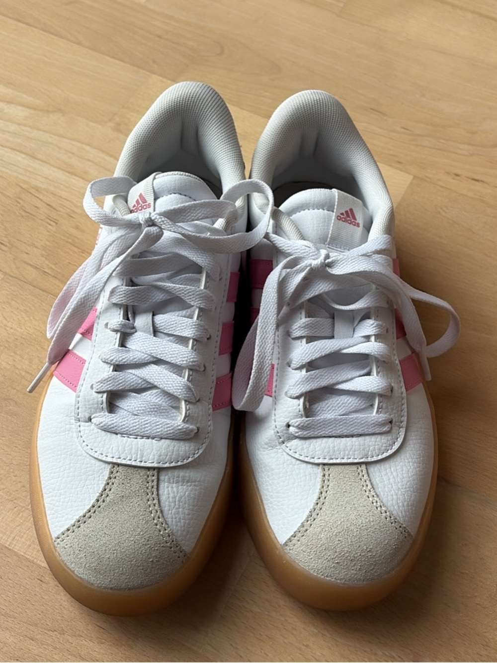 adidas Women’s White Pink Gum-Soled Sneakers
